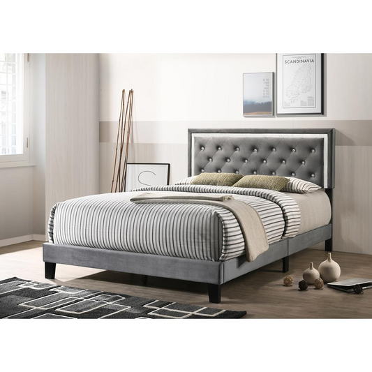 Dark Grey Velvet Uph. Panel Bed with Accents - Full AFCLANE