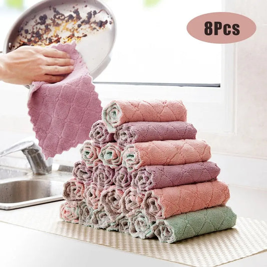 8PCS Microfiber Kitchen Towel Soft Absorbent Dish Towel Non-stick Oil Washing Kitchen Rag Tableware Household Cleaning Tools AFCLANE