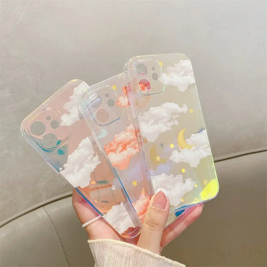 Cute Moon Stars Cloud Patterns Phone Case For iPhone 13 12 mini 11 Pro Max 7 8 Plus X XR XS Max SE 2020 Shell Luxury Laser Cover AFCLANE