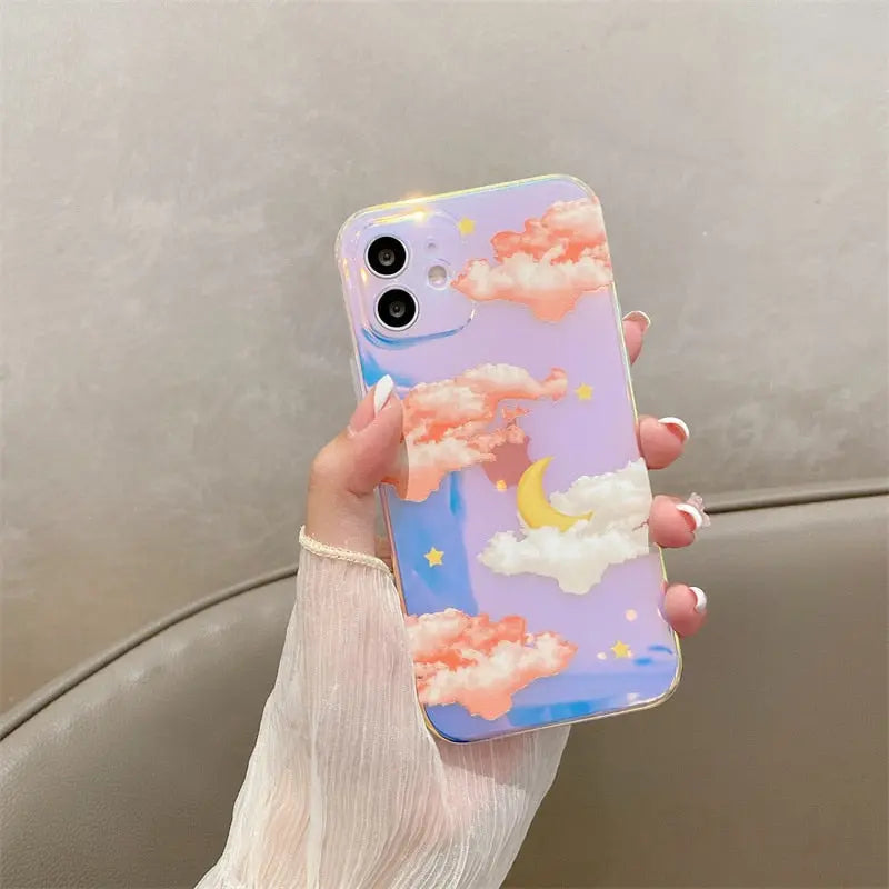 Cute Moon Stars Cloud Patterns Phone Case For iPhone 13 12 mini 11 Pro Max 7 8 Plus X XR XS Max SE 2020 Shell Luxury Laser Cover AFCLANE