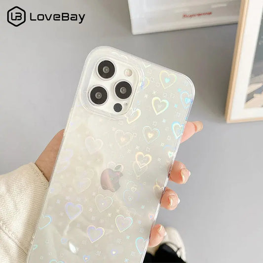 Fashion Gradient Laser Love Heart Pattern Clear Phone Case For iPhone 11 12 Pro Max X XS XR 7 8 Plus SE 2020 Shockproof Bumper AFCLANE