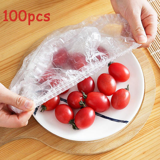 100pcs Disposable Food Cover Plastic Wrap Elastic Food Lids For Fruit Bowls Cups Caps Storage Kitchen Fresh Keeping Saver Bag AFCLANE