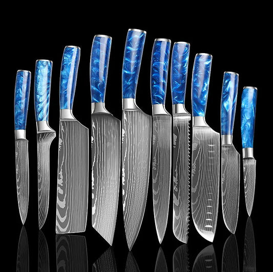 Stainless Steel Knife Set Blue Resin Handle Chef Knife Kitchen Knife Japanese Knife Peel Knife Kitchen Knife Set with Knife Cover AFCLANE